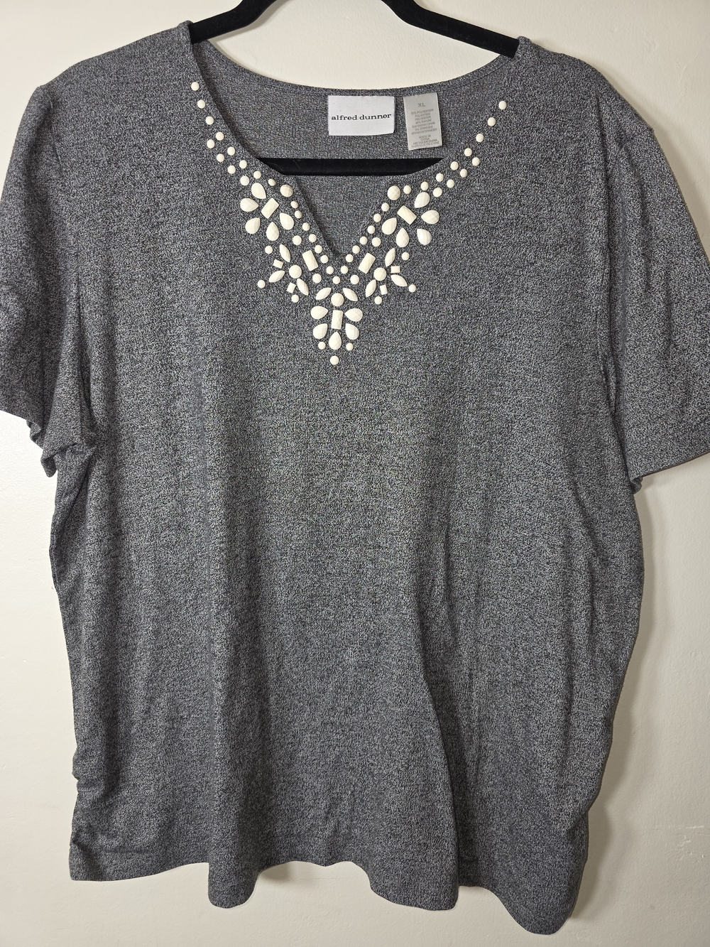 Alfred Dunner Gray Short-Sleeve Tee with Cream Beaded Neckline